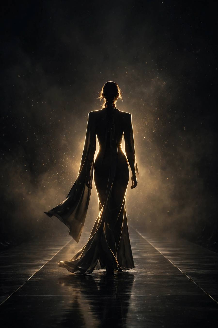 Model walking a dark runway in golden light